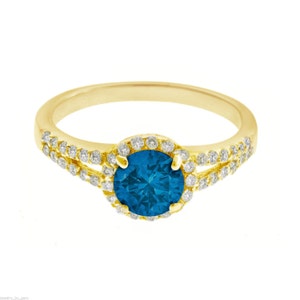 Blue & White Diamonds Engagement Ring 1.34 Carat SI1 14K Yellow Gold HandMade Halo Wedding Ring image 1