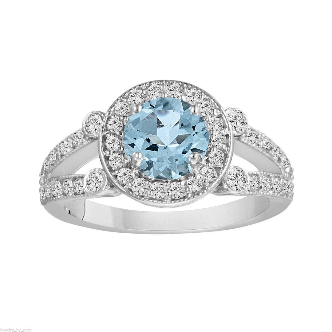 Aquamarine Unique Engagement Ring Carat 14K White Gold or