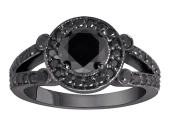 1.60 Carat Black Diamond Engagement Ring Vintage Style 14k Black Gold Unique Halo Pave Handmade Certified