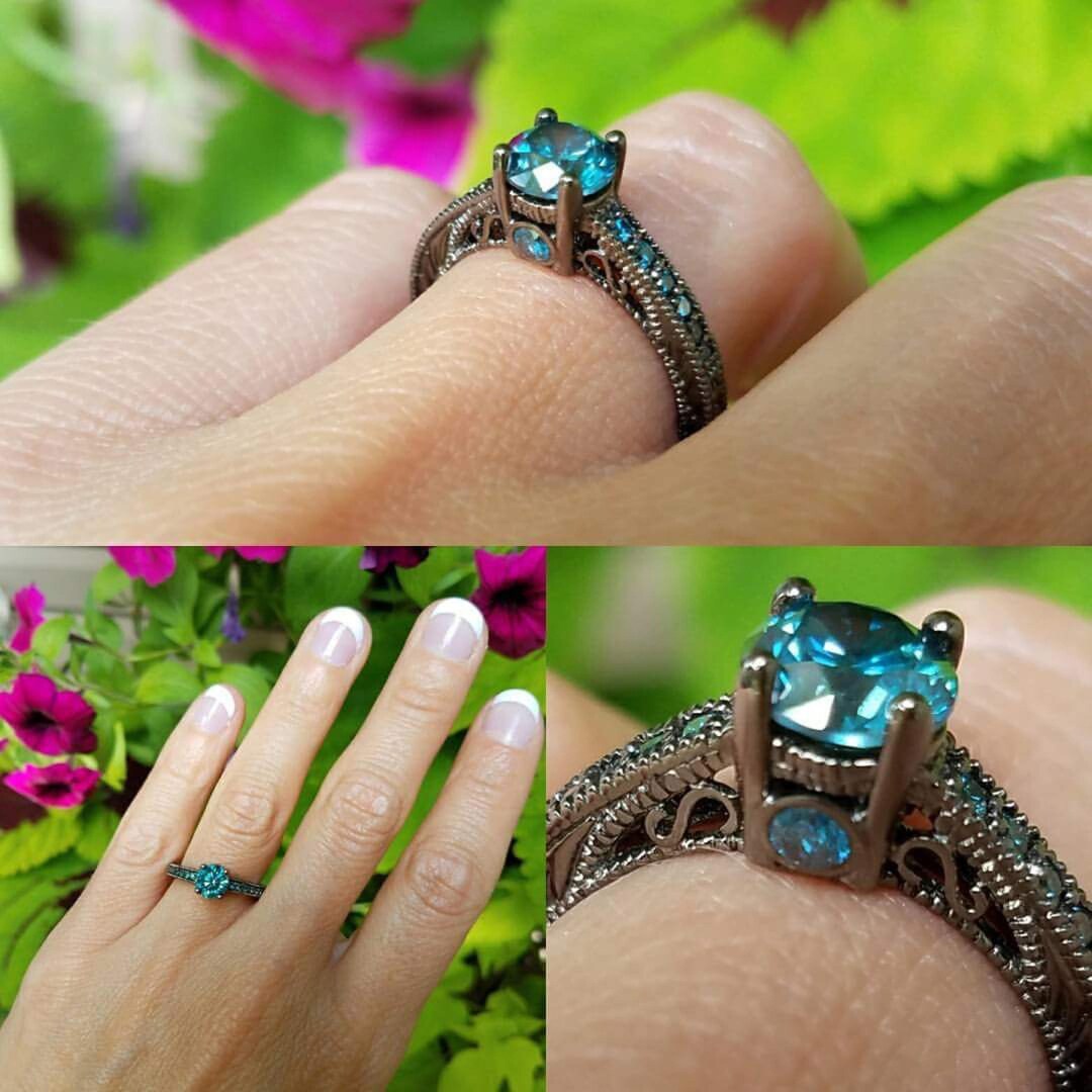 Blue Diamond Engagement Ring Vintage Unique Wedding Ring 14K Etsy