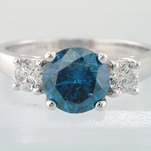 Blue Diamond Three Stone Engagement Ring 1.18 Carat Certified 14K White Gold HandMade