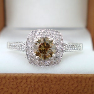 0.77 Carat 14K White Gold Champagne & White Diamonds Engagement Ring HandMade