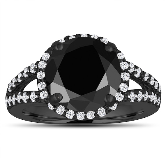 Black Diamond Engagement Ring 14K Black Gold Vintage Style Etsy