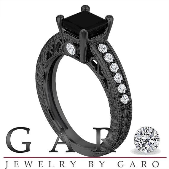 princess cut black diamond ring with black band Carat Princess Cut Black Diamond Engagement Ring 14K Black Gold Unique Vintage Antique Style Certified Pave Set Handmade