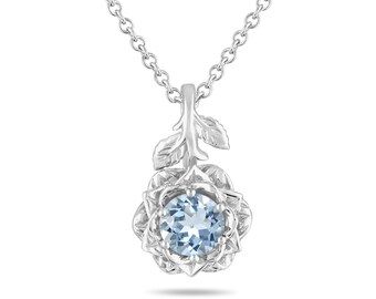 0.86 Carat Aquamarine Rose Flower Floral Pendant Necklace, Platinum, 14K White, Rose, Yellow Or Black Gold Vintage Style Handmade Certified