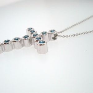 Blue Diamond Cross Pendant Necklace 14K White Gold 0.38 Carat Handmade Fine Bezel Set image 4