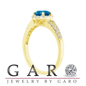 Blue & White Diamonds Engagement Ring 1.34 Carat SI1 14K Yellow Gold HandMade Halo Wedding Ring image 4