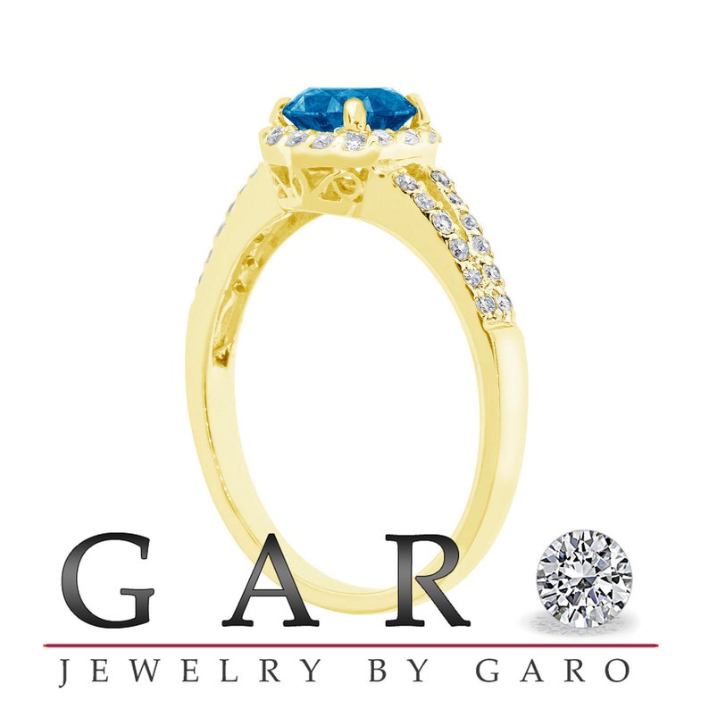 Blue & White Diamonds Engagement Ring 1.34 Carat SI1 14K Yellow Gold HandMade Halo Wedding Ring image 4