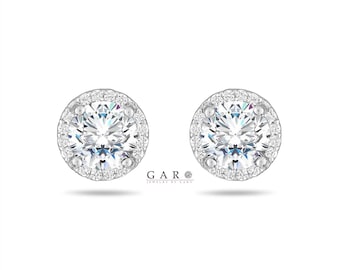 Moissanite & Diamonds Halo Earrings, Micro Pave 1.82 Carat 14K White Gold Or Black Gold Vintage Style Unique Handmade Certified