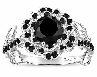 1.57 Carat Black Diamond Rose Flower Halo Engagement Ring Unique Floral 14K White Gold, Platinum, Handmade