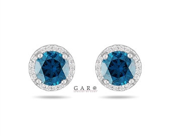 Blue Diamond Halo Earrings,Micro Pave 2.18 Carat Platinum, 14K White Gold, Rose Gold, Yellow Gold Or Black Gold Unique Handmade Certified