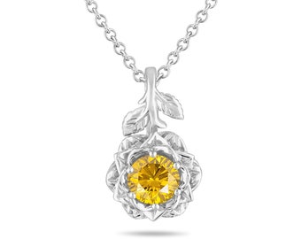 1.01 Carat Yellow Diamond Floral Pendant Necklace, 14K White Gold Rose Flower Unique Handmade Certified