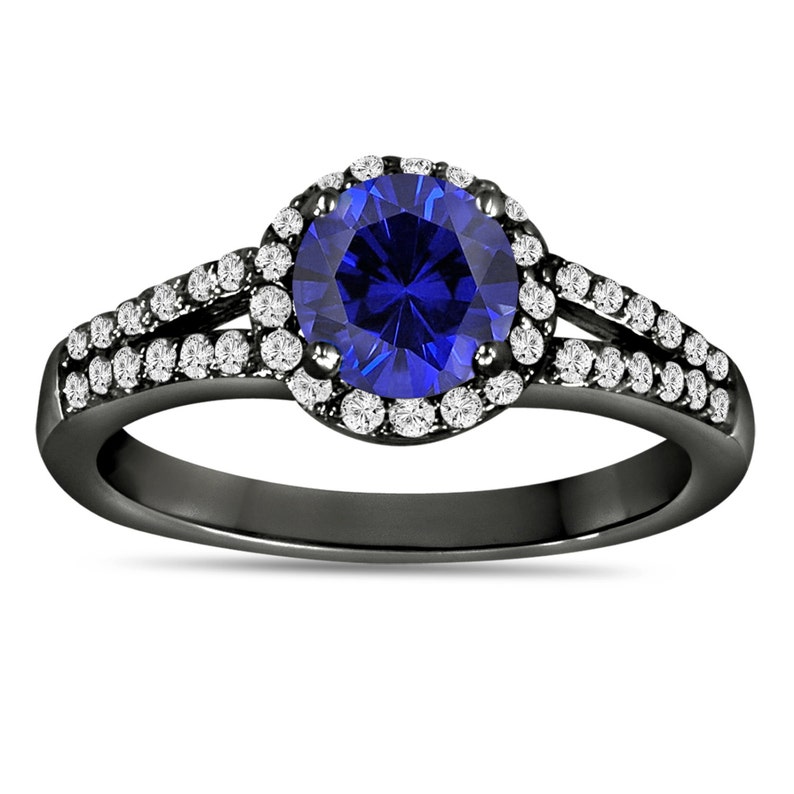 Blue Sapphire & Diamond Engagement Ring Vintage Style 14K Black Gold 1.34 Carat Pave Set HandMade Certified Halo image 1