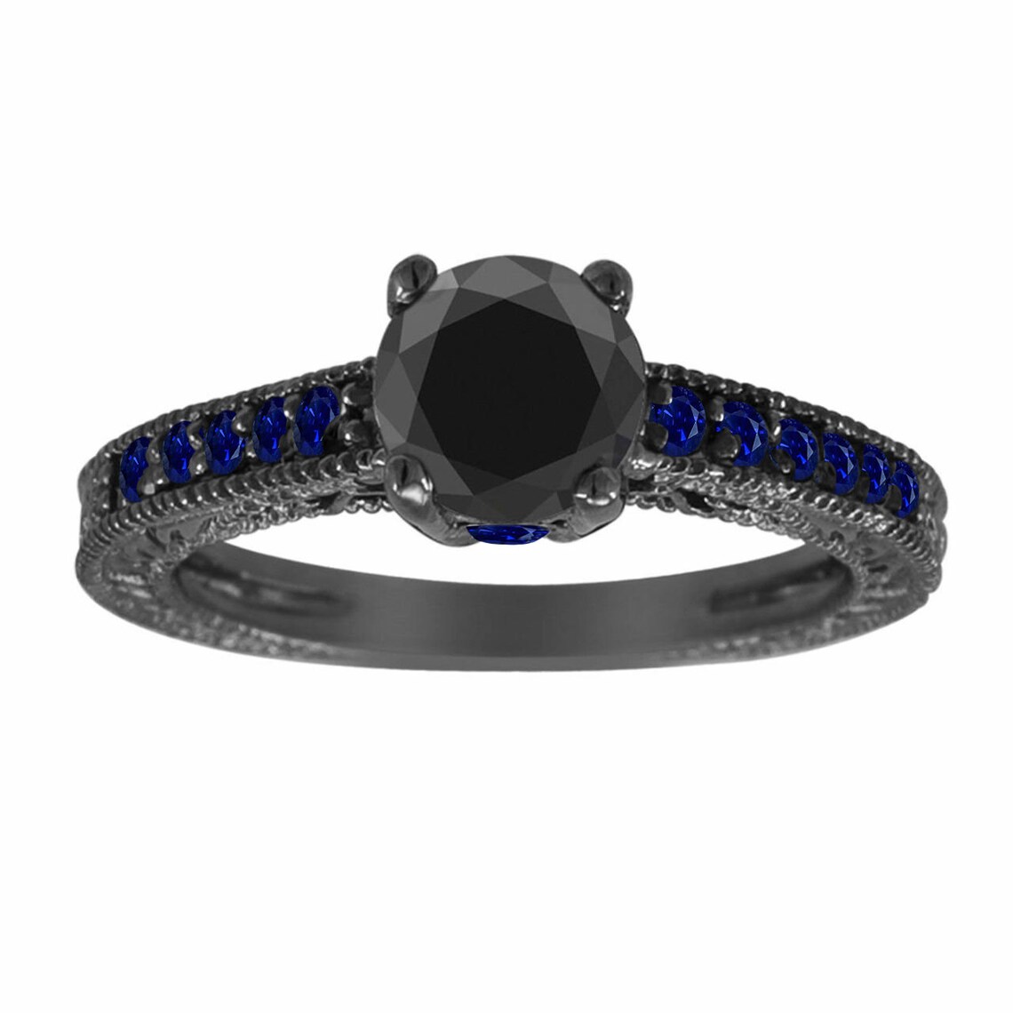Black Diamond and Sapphire Engagement Ring Vintage Engagement Etsy