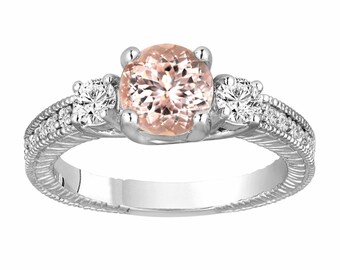 Morganite & Diamond Three Stone Engagement Ring 1.28 Carat 14K White Gold, Rose Gold Or Black Gold Vintage Antique Style Engraved Handmade