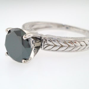 Black Diamond Solitaire Engagement Ring Vintage Antique Style Engraved 1.07 Carat 14K White Gold HandMade