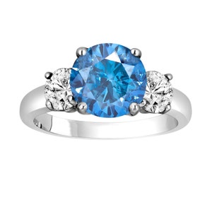 Blue Diamond Engagement Ring 2.39 Carat Three-Stone 14k White Gold Certified Handmade Unique