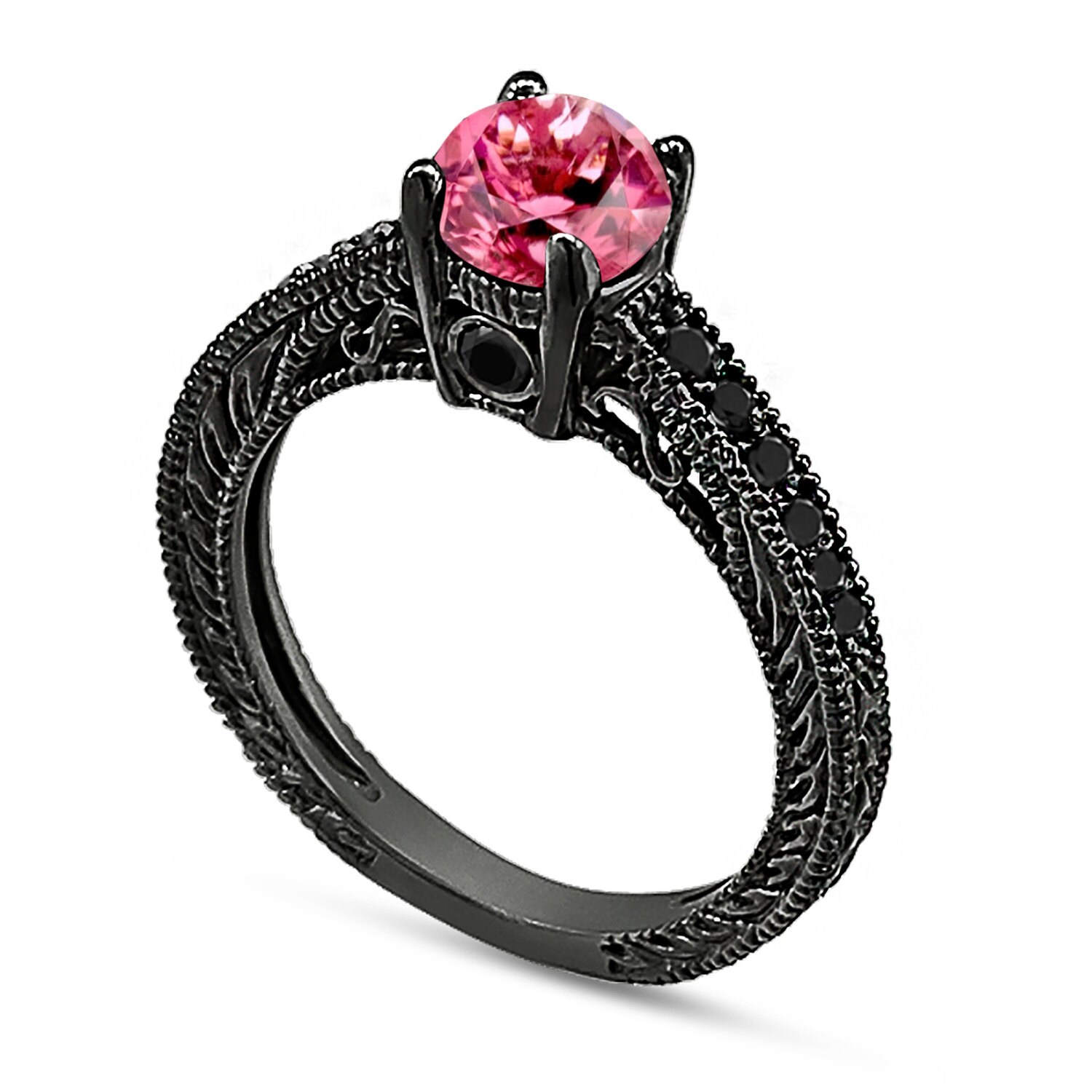 Pink Tourmaline Black Diamond Engagement Ring 14K Black Gold