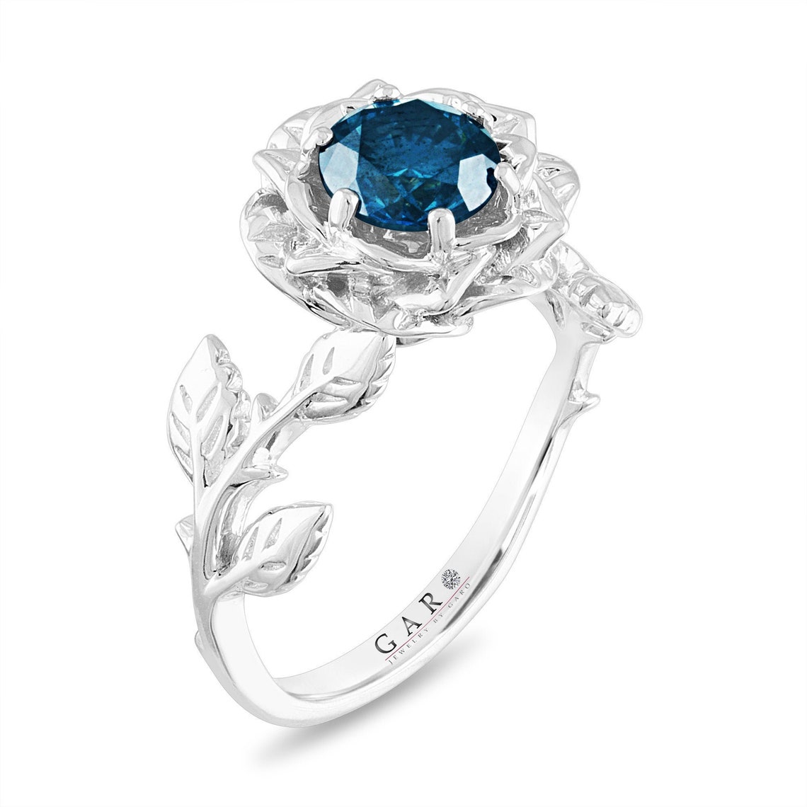 Rose Flower Engagement Ring Platinum Floral Ring Blue Etsy