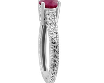 Ruby & Diamond Engagement Ring 0.64 Carat Style 14k White Gold Antique Style Engraved Certified Handmade