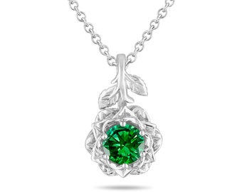 1.01 Carat Green Diamond Floral Pendant Necklace, 14K White Gold Rose Flower Unique Handmade Certified