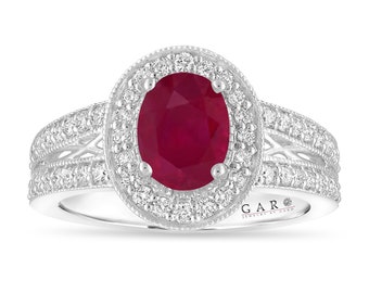 Oval Ruby Engagement Ring Unique Halo 14K White Gold, Yellow Gold Or Black Gold Vintage Style 1.72 Carat Handmade Certified