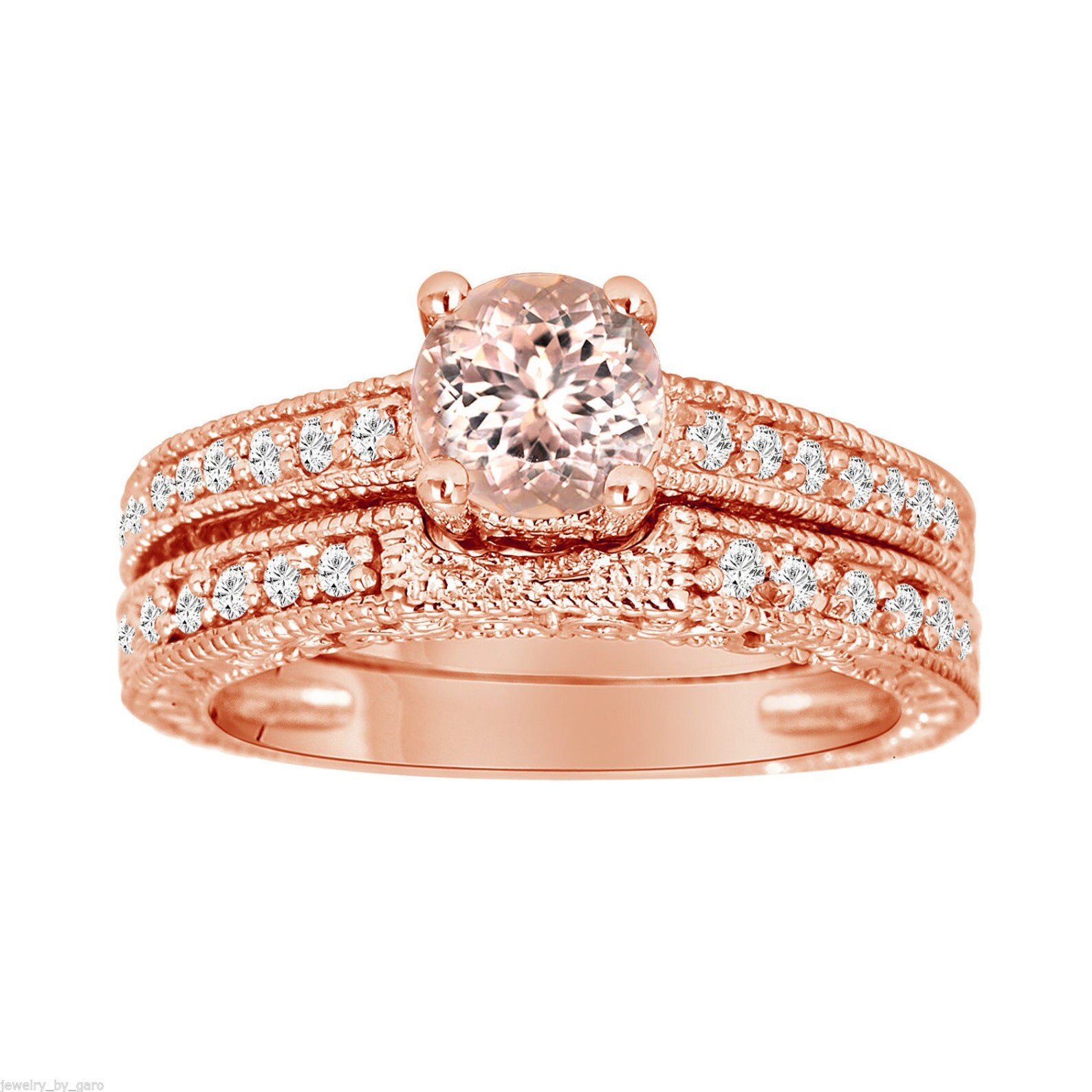 ハンドメイド 0.75 カラット モルガナイト＆ダイヤモンド 14K ローズ
