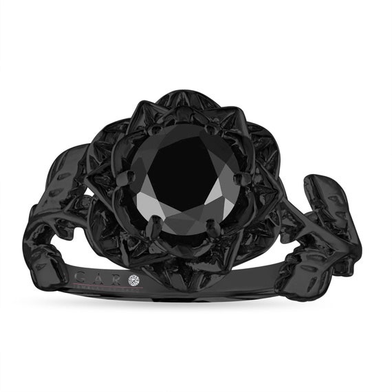 1.20 Carat Black Diamond Engagement Ring, Rose Flower Ring, Floral