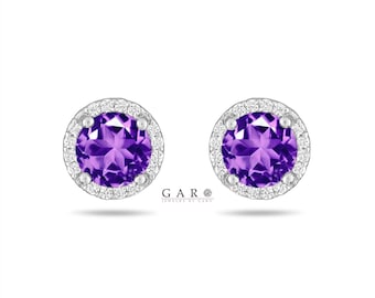 Amethyst & Diamonds Halo Earrings, Micro Pave 2.16 Carat 14K White Gold Or Black Gold Vintage Style Unique Handmade Certified