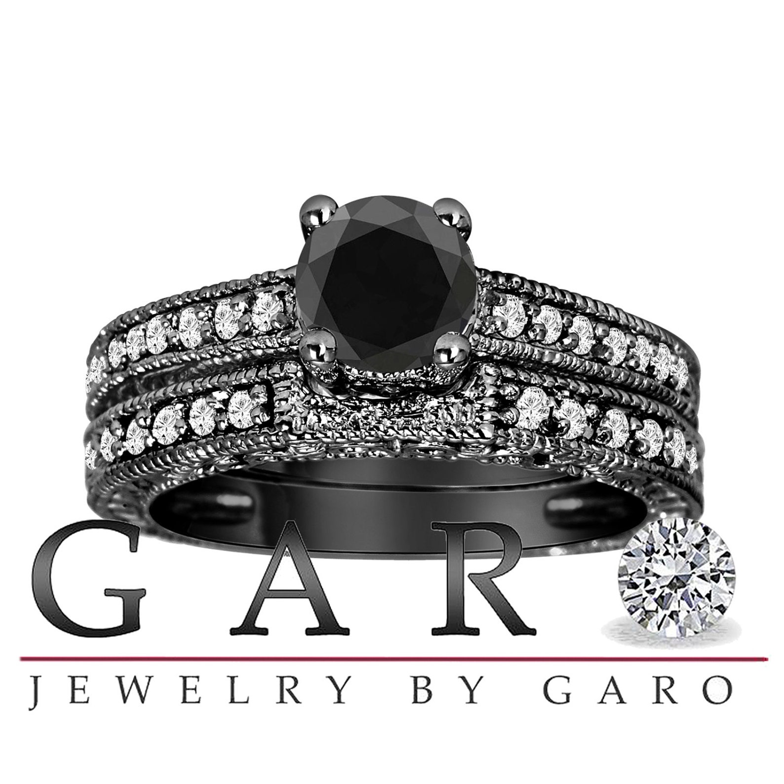 Black Diamonds Engagement Ring Set Vintage Wedding Rings Etsy