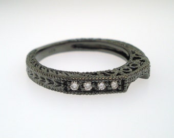 Vintage Style 14K Black Gold Diamond Curve Wedding Band, Anniversary Ring, 0.12 Carat Handmade