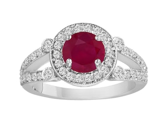 Ruby Engagement Ring: 1.50 Carat Halo, 14K White Gold, Vintage Handmade