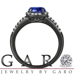 Blue Sapphire & Diamond Engagement Ring Vintage Style 14K Black Gold 1.34 Carat Pave Set HandMade Certified Halo image 4