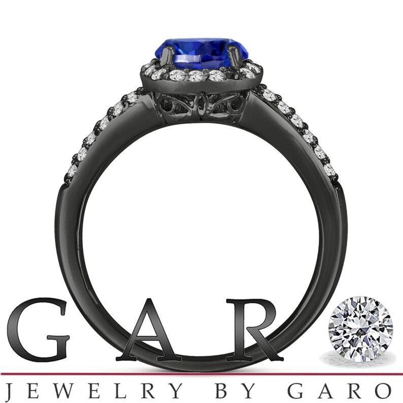 Blue Sapphire & Diamond Engagement Ring Vintage Style 14K Black Gold 1.34 Carat Pave Set HandMade Certified Halo image 4