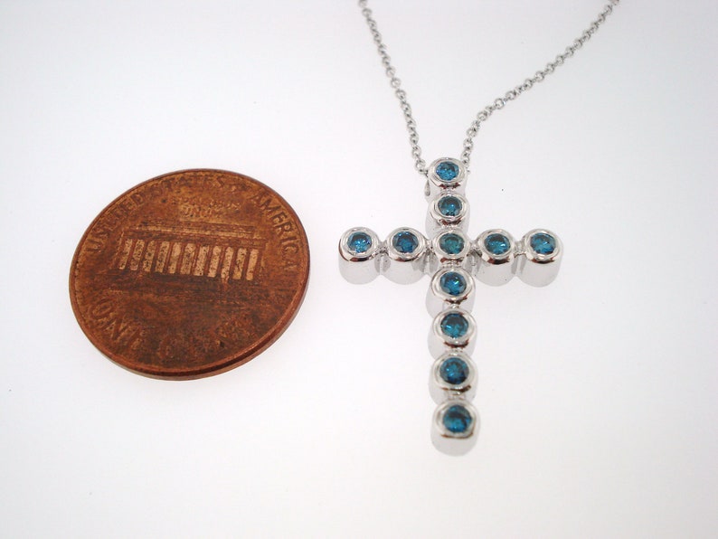 Blue Diamond Cross Pendant Necklace 14K White Gold 0.38 Carat Handmade Fine Bezel Set image 5