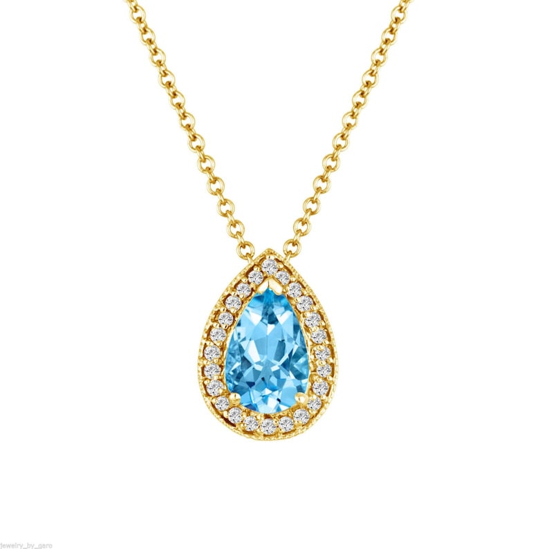 Pear Shape Aquamarine & Diamonds Pendant Necklace, Platinum, 14K White Gold, Rose Gold, Yellow Gold Or Black Gold 0.84 Carat Handmade image 8