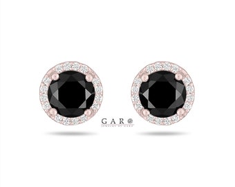 Black Diamond Halo Earrings,Micro Pave 2.76 Carat Platinum, 14K White Gold, Rose Gold, Yellow Gold Or Black Gold Unique Handmade Certified