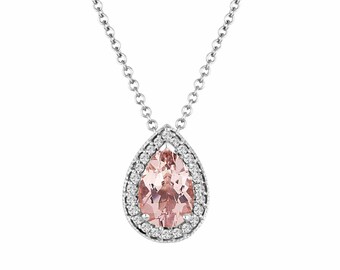 Handmade Pear Morganite & Diamond Halo Pendant: 14K Gold or Platinum
