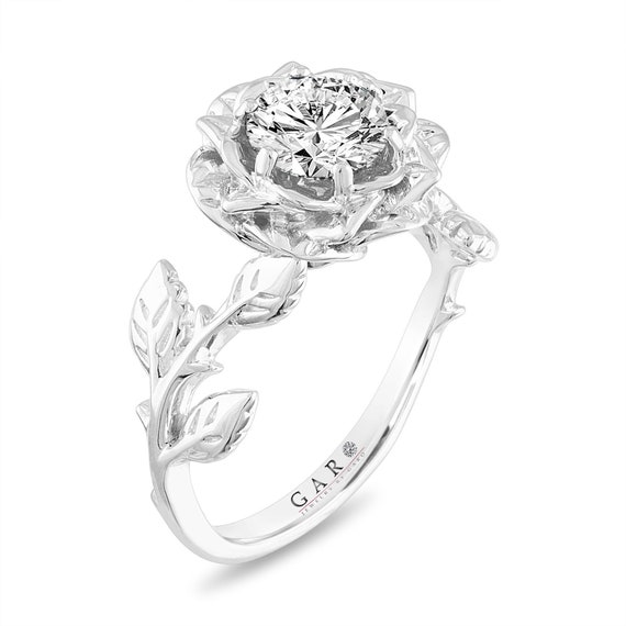Platinum Rose Flower Diamond Engagement Ring Floral | Etsy