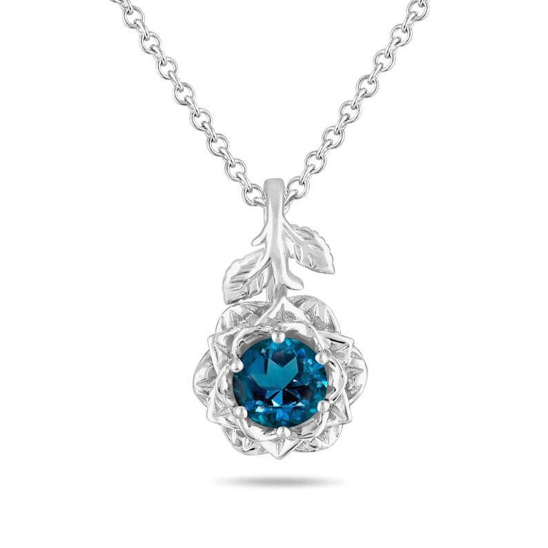 1.02 Carat London Blue Topaz Rose Flower Floral Pendant Necklace, 14K White Gold, Rose Gold Or Black Gold Vintage Style Handmade Certified image 2