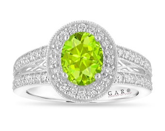 Oval Peridot Engagement Ring Unique Halo 14K White Gold 1.60 Carat Handmade Certified