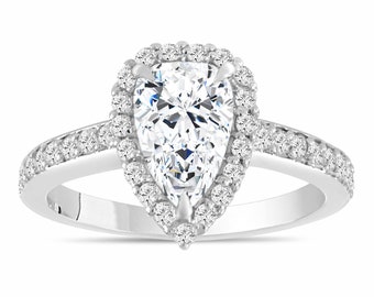 Pear Moissanite Halo Engagement Ring: 14k White Gold Bridal Ring