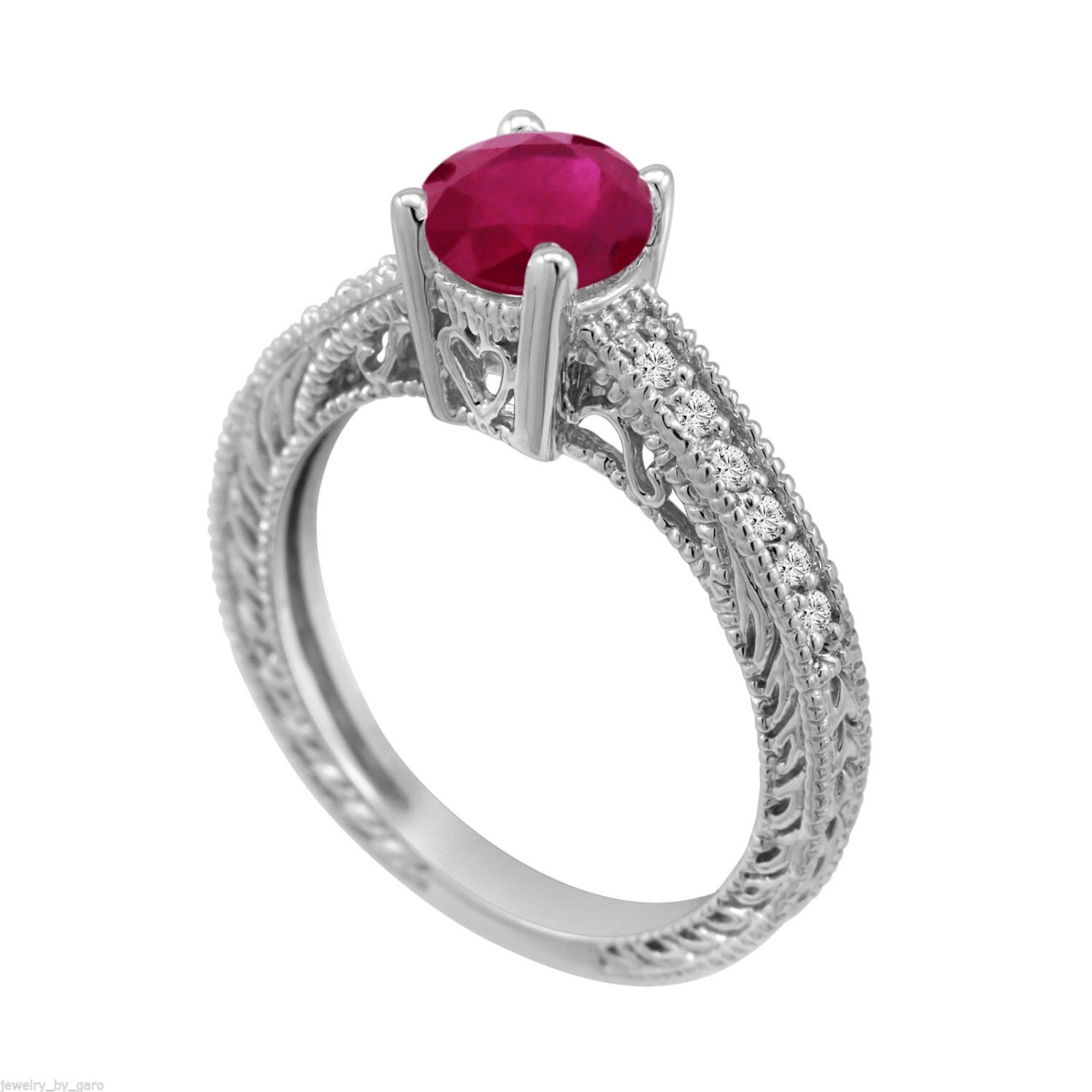 ルビーとダイヤの指輪 レッドルビー＆ダイヤモンドの婚約指輪 ヴィンテージスタイル 14K