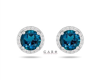 London Blue Topaz & Diamonds Halo Earrings, Micro Pave 2.16 Carat 14K White Gold Or Black Gold Vintage Style Unique Handmade Certified