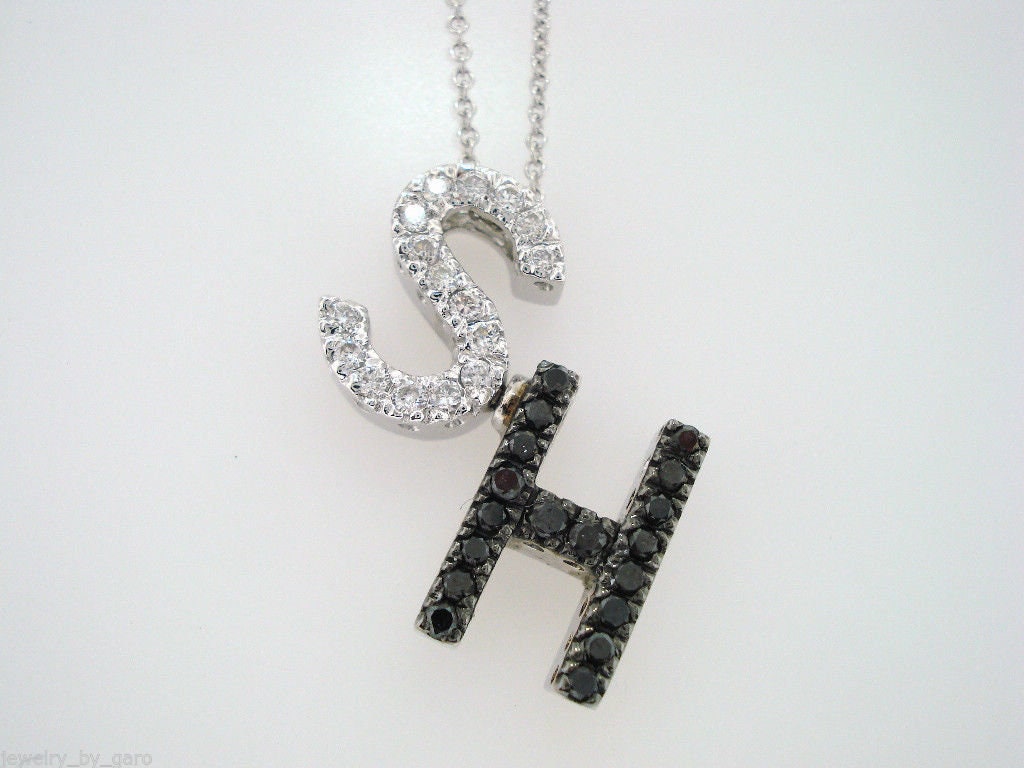 Diamond Initial Pendant Unique Letter Necklace Black & White Etsy