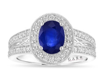 Oval Sapphire Engagement Ring Unique Halo 14K White Gold Or Black Gold Vintage Style 1.82 Carat Handmade Certified