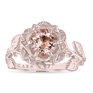 Morganite Floral Engagement Ring, Rose Flower Ring, Unique Leaf 1 Carat Platinum, 14K White Gold, Rose Gold Or Black Gold Vintage Handmade