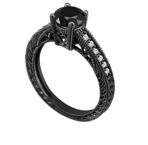 Black Diamond Floral Engagement Ring, Rose Flower Anniversary Ring, 1.50 Carat Vintage Unique 14K Black Gold Handmade Certified