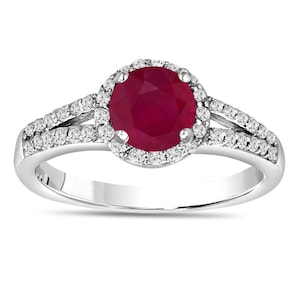 Ruby & Diamond Engagement Ring 14K White Gold 1.34 Carat Pave Set HandMade Certified Halo