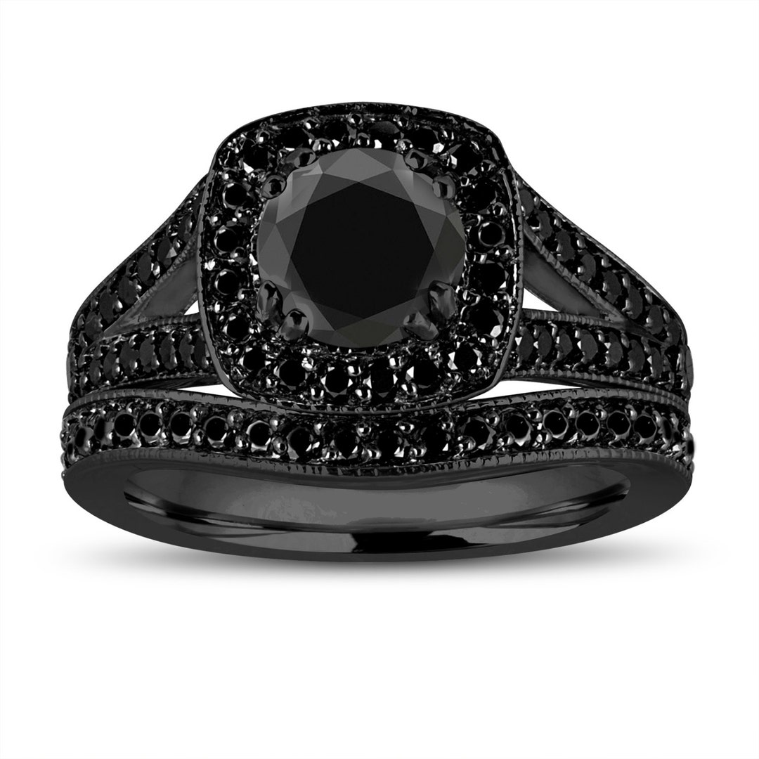 Buy Black Diamond Engagement Ring Set: 14K Black Gold Vintage Halo,  Carat Online in India